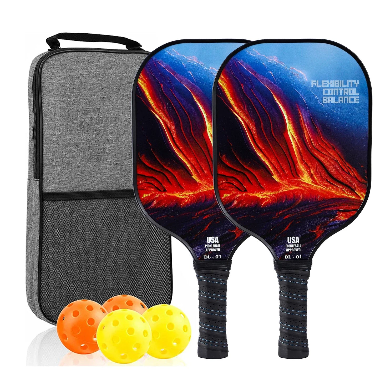 Pickleball Paddles Set of 2 USAPA Approved Fiber Glass Pickle Ball Racket Indoor Outdoor Game 4 Balls Carrying Bag Racquet Sets